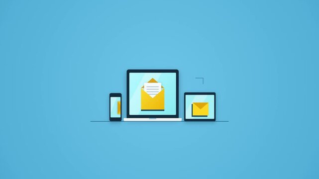 Responsive email design concept showing a laptop, tablet, and smartphone displaying messages on blue background