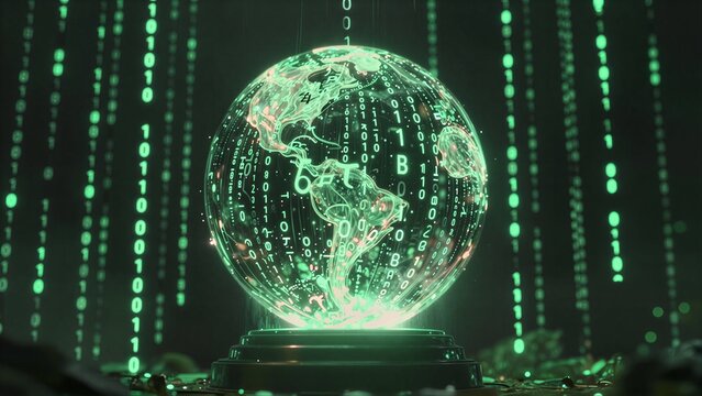 Digital globe pulsing with binary code, suspended in green data rain.