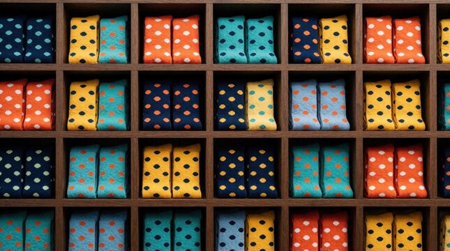 Colorful polka dot socks arranged in wooden cubby shelves. Bright patterned hosiery displayed in retail boutique clothing shop. Variety of cotton textile accessories in different colors, styles for