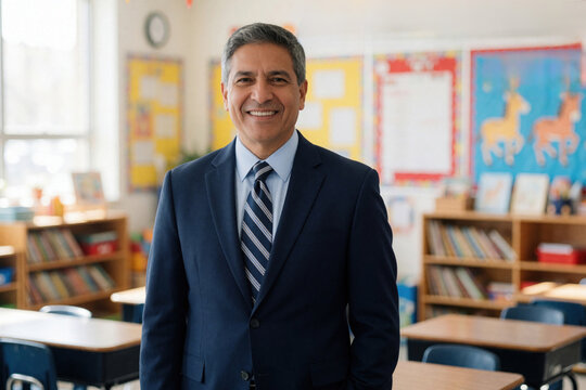 Middle aged Hispanic man in blue suit, tie smiles in classroom. School superintendent stands in front of desks, bookshelves. Pro educator promotes diversity, equity, inclusion for students in public