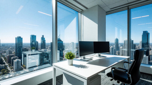 Modern office workspace with large windows, city view. White desk features dual computer monitors, small green plant. Professional corporate room with high floor skyscraper background. Bright