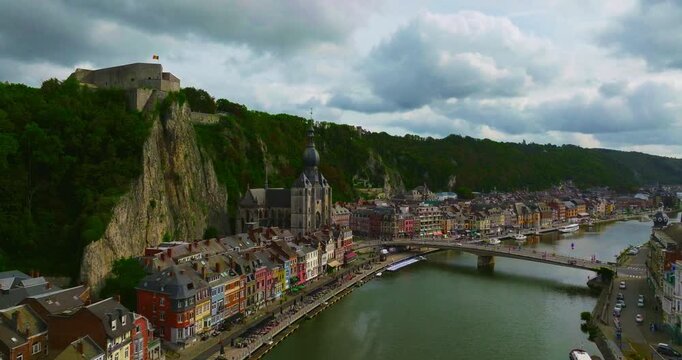 Aerial view of the beautiful, picturesque town of Dinant in Belgium, situated on the Meuse River between two cliffs