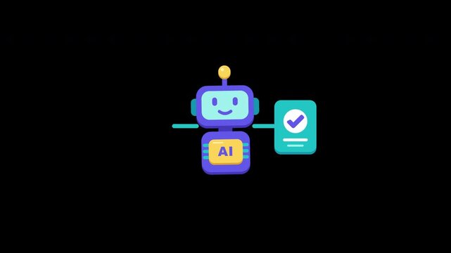 Cute AI robot character processing and validating documents in a seamless loop with alpha channel on a transparent background.