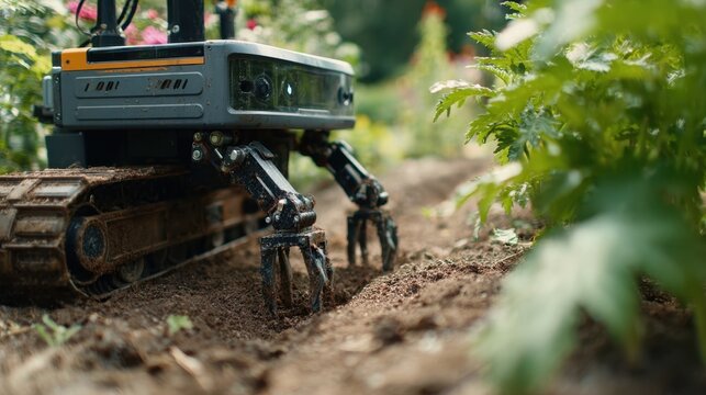 Closeup medium shot of an autonomous weedpicking robot navigating a garden bed focusing on its mechanical grippers removing invasive plants with the blurred soil and foliage