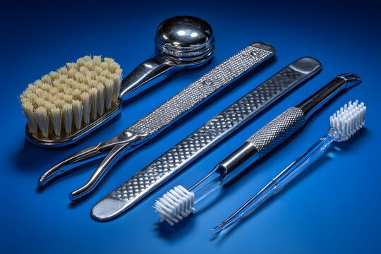 Grooming tools set for pets with brush, nail clippers, file, and toothbrushes on blue background.