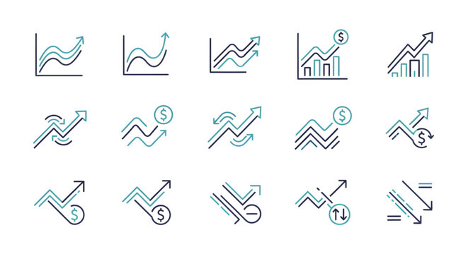 Set of abstract line charts and icons for data visualization and analytics.