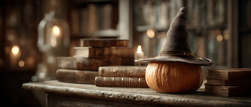 Glowing halloween pumpkin lantern aside witch hat and books under lamp on wooden table in dark room.