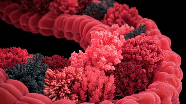 Colon model demonstrating progression of diverticulitis with clustered sacs becoming swollen and highlighted in bright red.