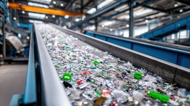 Medium shot of automated conveyor belt system at electronic waste plant separating different types of materials for specialized recycling processes.