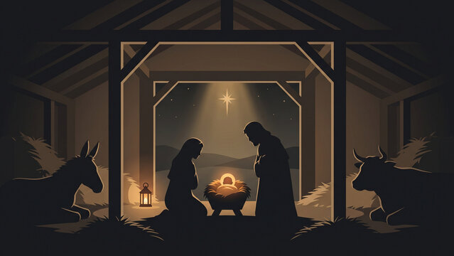 Glowing Nativity Manger Inside a Dark Stable with Animals