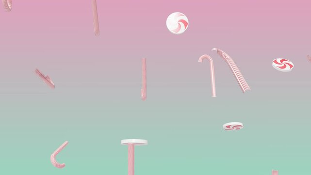 Candy canes and peppermints falling against a pastel gradient background
