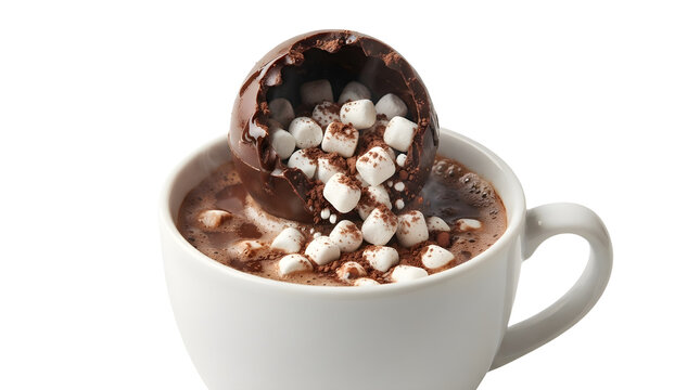 Hot chocolate bomb melting in white ceramic mug, cocoa sphere filled with mini marshmallows, sweet warm winter beverage isolated on white