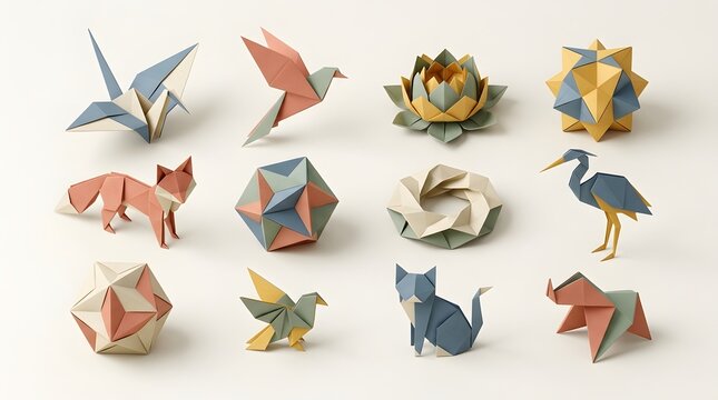 Collection of colorful origami animals including birds foxes and cats on white background