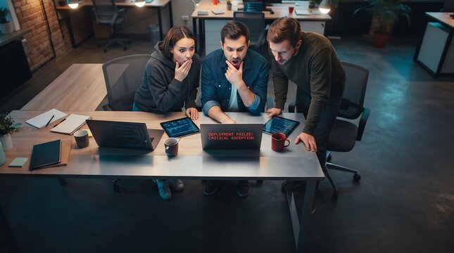 Shocked IT startup team looking at deployment failure error screen