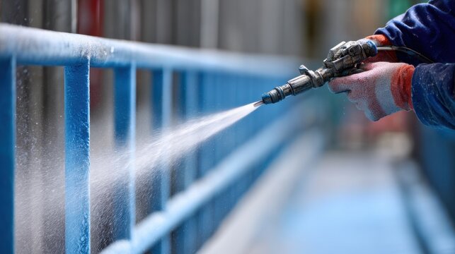 Medium shot of a worker spraying waterbased sustainable coating on metal showcasing environmentally safe and quickdrying paint application
