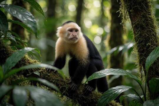 White faced capuchin monkey sits on mossy tree branch in tropical rainforest. Primate looks forward with curious expression amidst green jungle foliage. Wild animal lives in natural habitat of