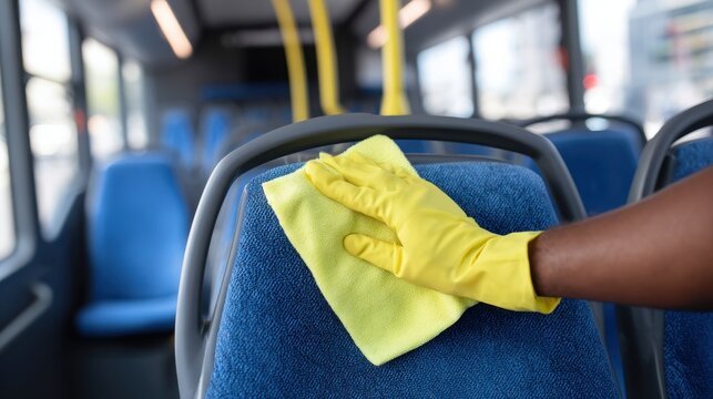 Focused medium shot of staff wiping bus seats with sanitizer cloth emphasizing thorough cleaning while interior elements remain softly out of focus.