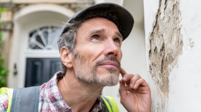 Construction worker inspects building materials containing self-healing polymer resins to assess durability, damage repair, and maintenance performance.