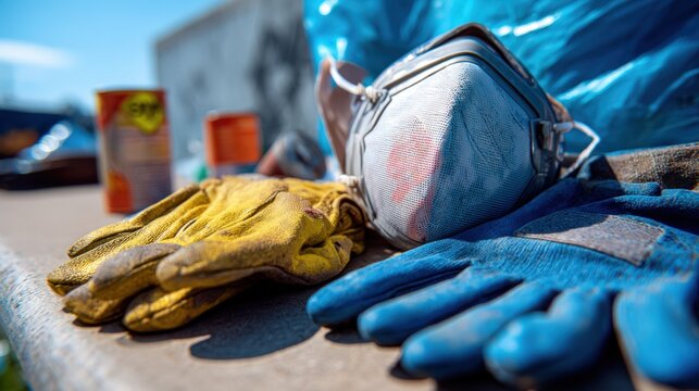 Waste collector wears protective gloves and a dust mask while sorting garbage outdoors, emphasizing sanitation and occupational safety.