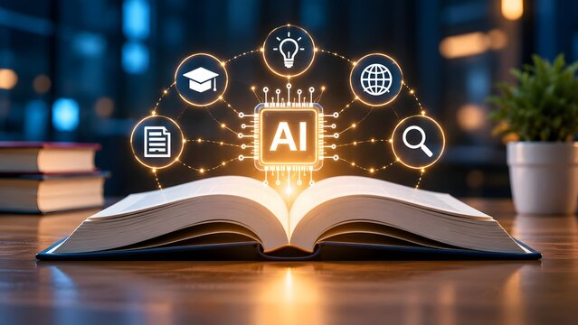 Open book emitting a glowing artificial intelligence microchip hologram with connected icons for education research and global knowledge.