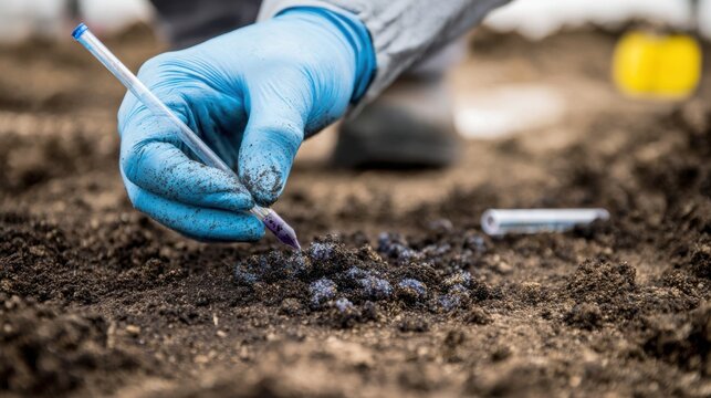 Field technician tests soil samples with laboratory tools to assess chemical contamination and guide land remediation and cleanup.