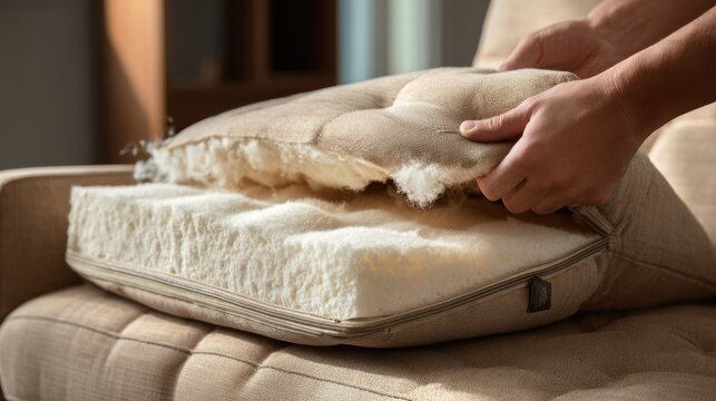 Hands lift an old cushion to expose memory foam during furniture restoration and upholstery improvement for body support.
