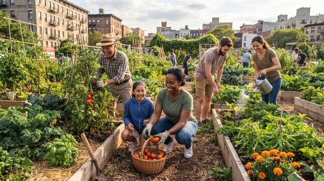 A diverse group of people working together in a community garden, harvesting fresh produce. The scene is vibrant with rows of plants, vegetables, and flowers.