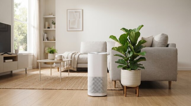 An air purifier is positioned in a modern living room next to a large potted plant. The room is elegantly decorated with a sofa, coffee table, and a television, creating a serene ambiance