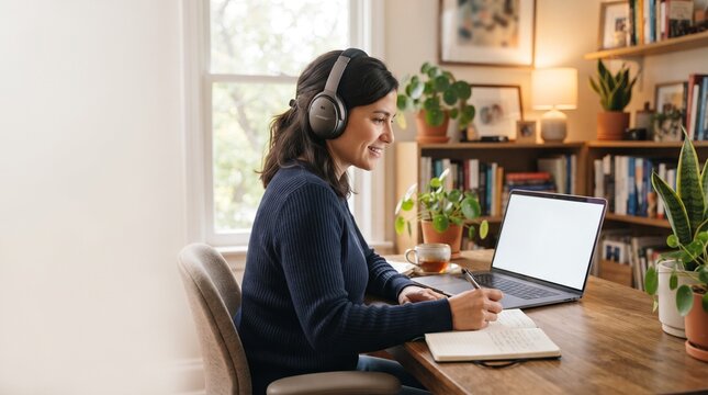 A woman wearing headphones working diligently on her laptop at a wooden desk in a cozy home office setting. She is writing in a notebook, illuminated by natural light from a window.
