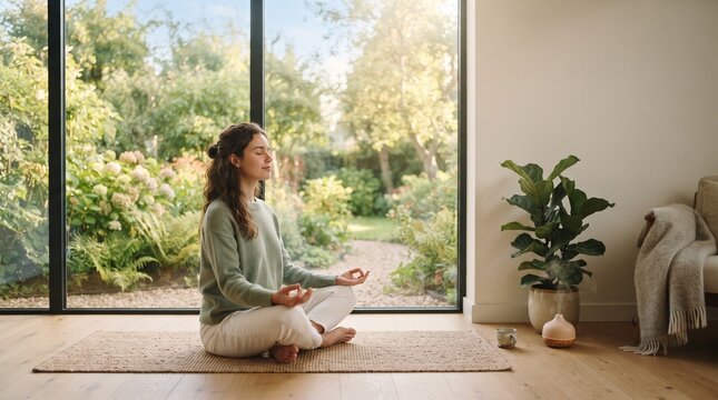 Woman meditating in a sunlit room with a garden view. She is sitting in a lotus pose on a mat, with her eyes closed and hands resting on her knees
