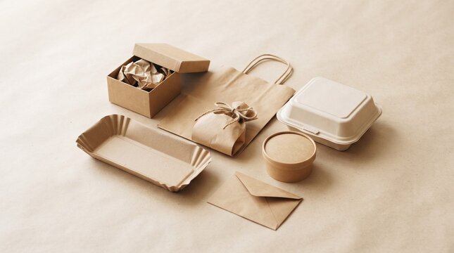 Sustainable packaging options for food and retail. A collection of various eco-friendly containers and bags, including a box, takeout containers, a paper bag, and smaller cups.