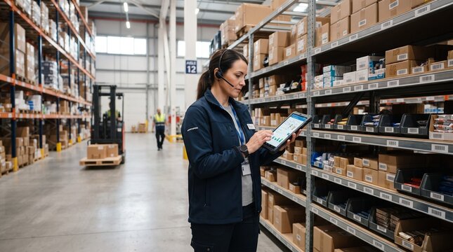 Warehouse worker using a tablet to check inventory on shelves, with a forklift in the background