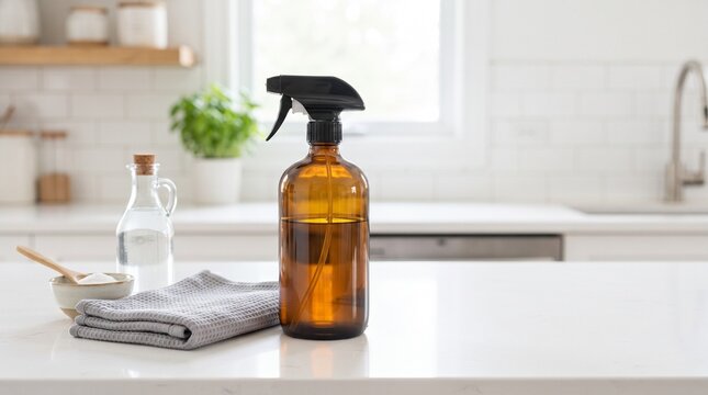 A bottle of DIY cleaning solution with vinegar and baking soda on a kitchen counter, ready for use