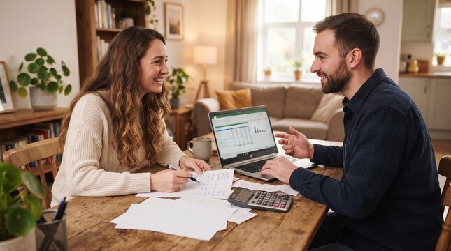 A couple sitting at a wooden table, working on finances together with a laptop and calculator. They are smiling and engaged in conversation