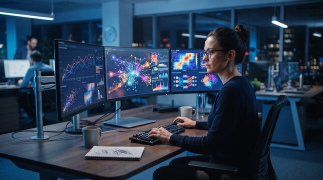 A focused female data analyst working late at night in a modern office, analyzing complex data on multiple computer monitors. The screens display vibrant charts and graphs.