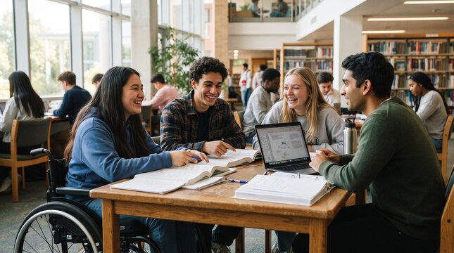 Diverse students collaborating and studying together in a bright, modern library. One student is in a wheelchair, highlighting inclusivity and teamwork as they share knowledge.