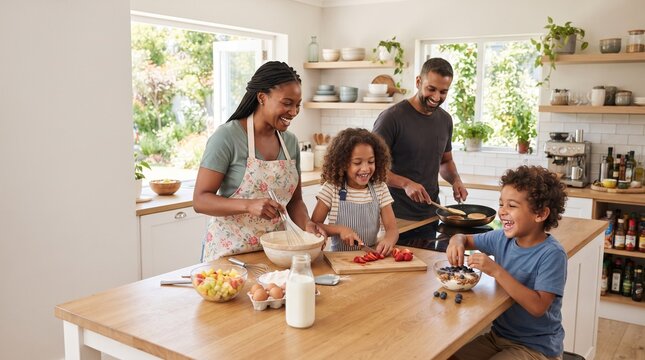 A happy family of four enjoys cooking together in a bright, modern kitchen. Parents and two children are all smiling and engaged in meal preparation, creating a warm and loving atmosphere