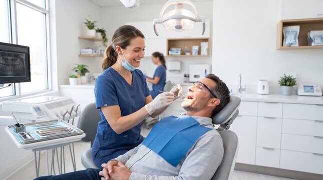 A female dentist in blue scrubs is examining a male patient's teeth in a bright, modern dental clinic. She is wearing gloves and a mask.