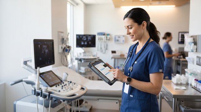 A healthcare professional in a clinic, reviewing patient data on a tablet device. The medical examination room features advanced equipment and a serene atmosphere