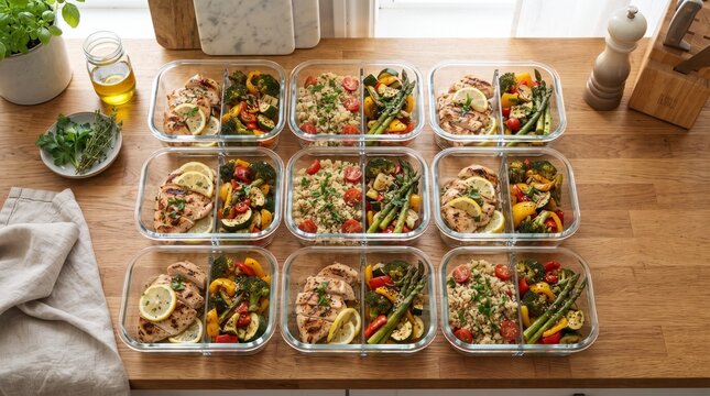 Nine glass containers filled with prepared meals, neatly arranged on a wooden countertop. Each container holds a balanced meal with protein, vegetables, and grains, showcasing healthy meal prep