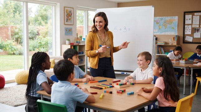 A female teacher engaging with a diverse group of young students in a bright, modern classroom setting. The children are seated around a table.