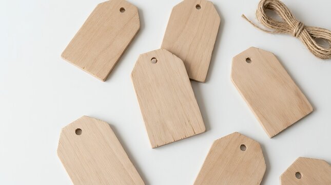 Setplain blank unfinished natural light brown wooden label tags with hanging string holes lying on flat solid clean white background surface ready for handmade price message copy space mock up