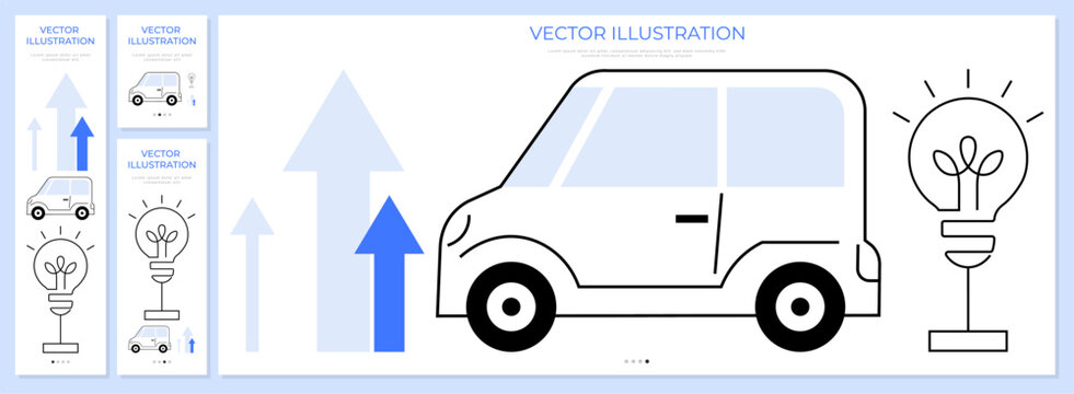 Outline electric car and light bulb icon for landing page banner. Innovation, sustainable transport, green energy, future technology, automotive design, creative solution. Vehicle and lamp graphic