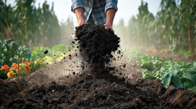 Farmer spreads homemade compost across garden beds to enrich soil nutrients and support sustainable crop growth.