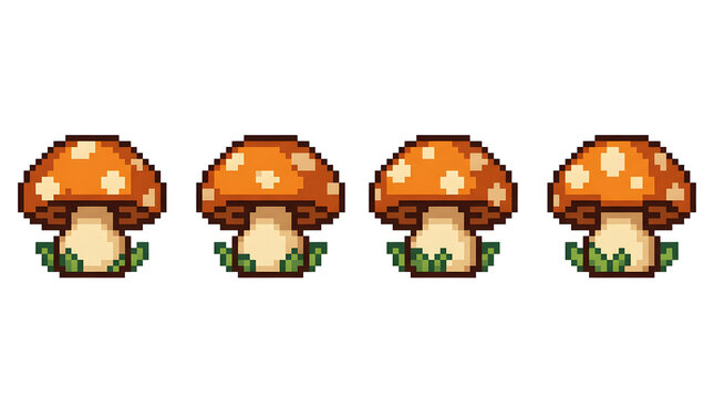 Retro pixel art mushrooms with orange caps and green leaves, nostalgic game sprite set isolated on white background