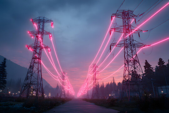 Vibrant pink electric cables glow in the evening sky above transmission towers at sunset