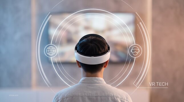 Back view of man wearing VR headset with futuristic circular interface overlay, virtual reality technology concept, immersive gaming experience, augmented reality UI
