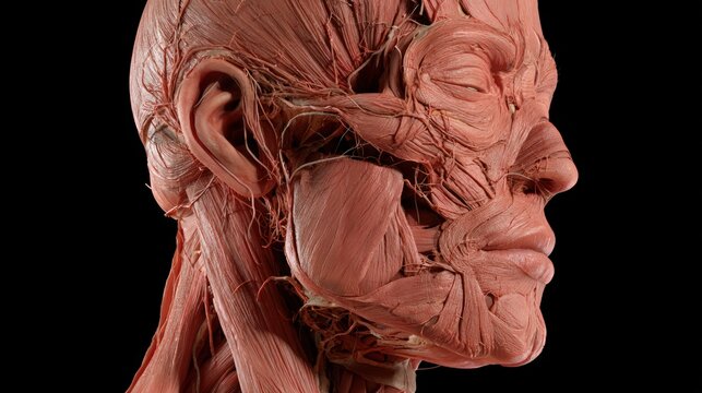 Detailed Human Craniofacial Musculature Depiction in Profile Revealing Complex Anatomy for Medical Education Scientific Research and Artistic Exploration of Form and Structure.