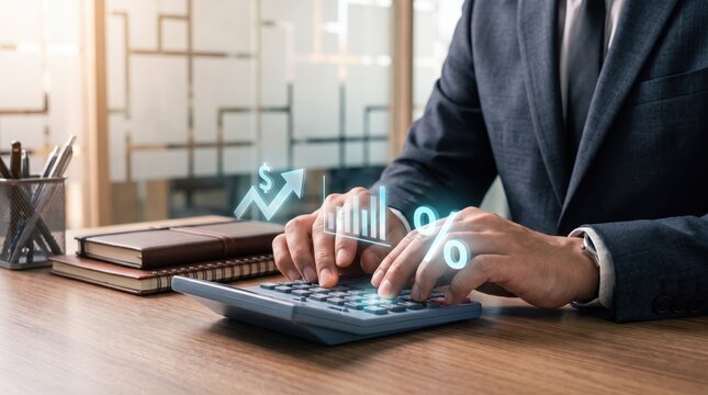 Businessman using a calculator with floating financial charts, dollar signs, and percentage symbols, illustrating economic analysis, investment growth, profit calculation
