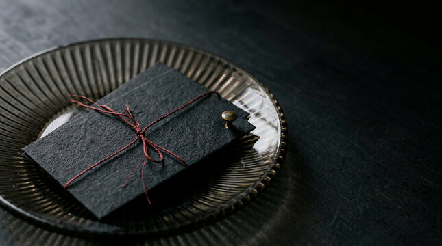 Elegant dark gift envelope on a ribbed plate, tied with red string, ideal for black friday luxury promotions and sophisticated holiday gifting concepts